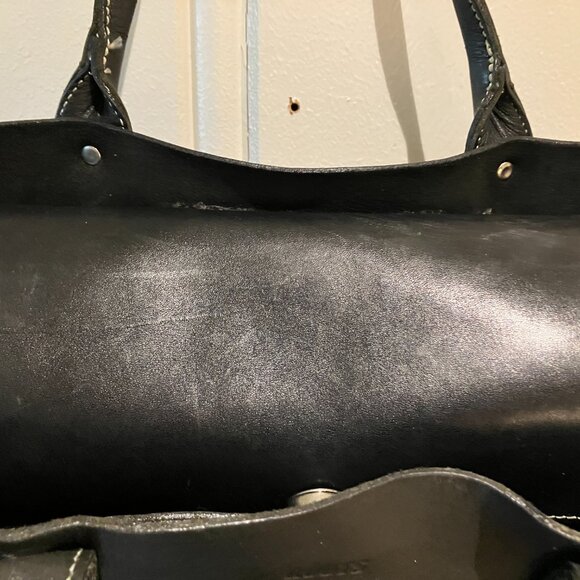 Last Chance VTG Roots Black Leather Short Handle Handbag with White Stitching - Picture 11 of 13